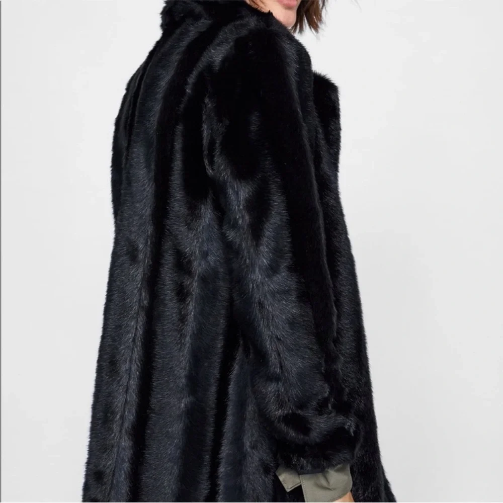 Zara NWT black lapel collar faux fur coat - Picture 9 of 10